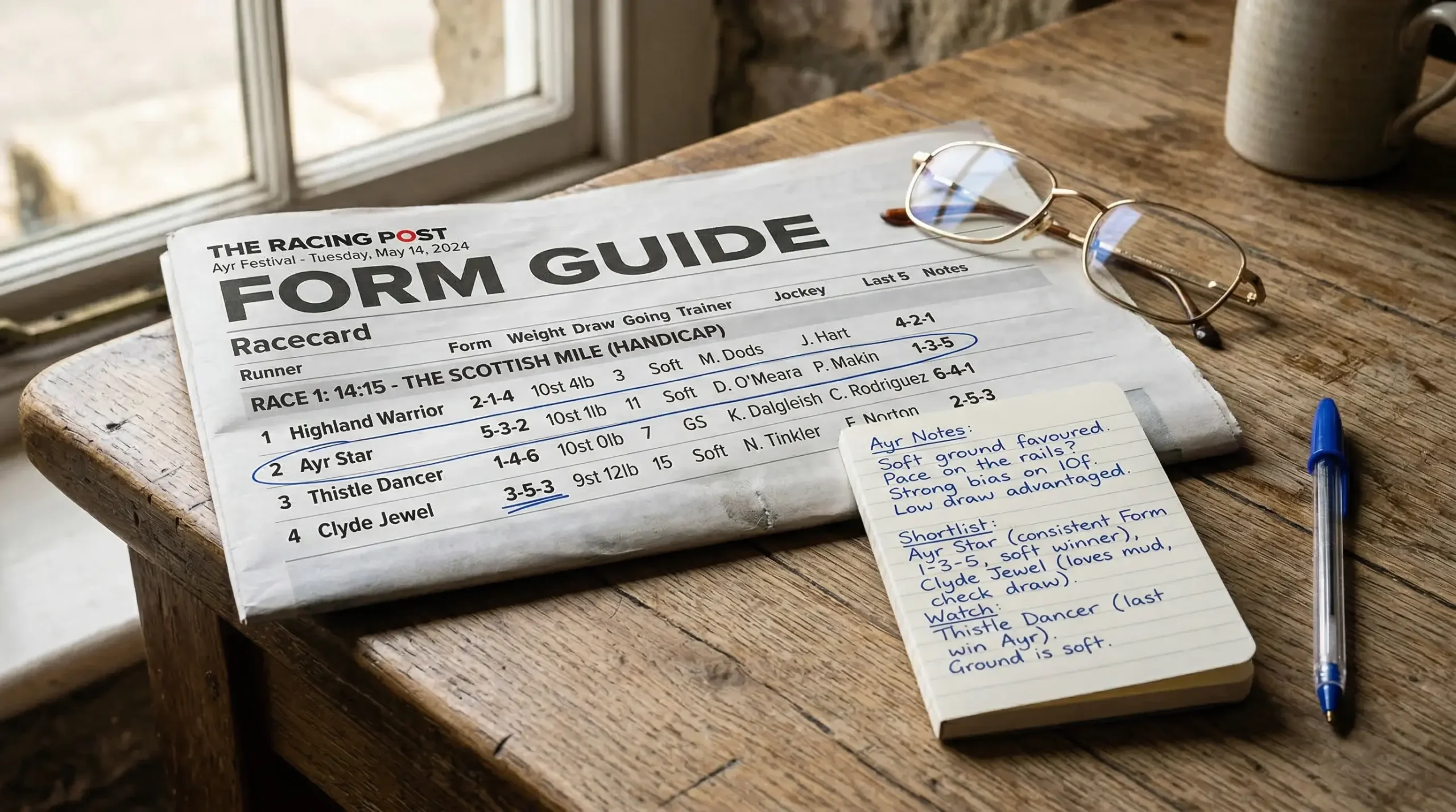 Racing form guide with highlighted statistics and betting notes