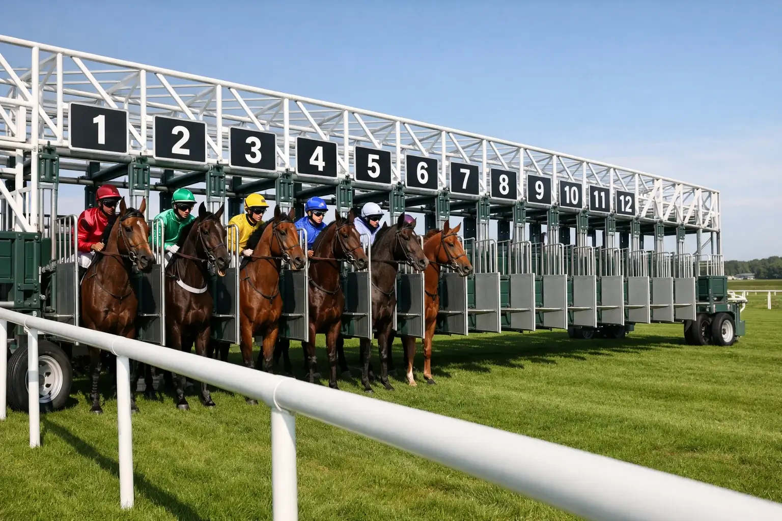 Starting stalls at Ayr Racecourse showing high draw positions on stands side