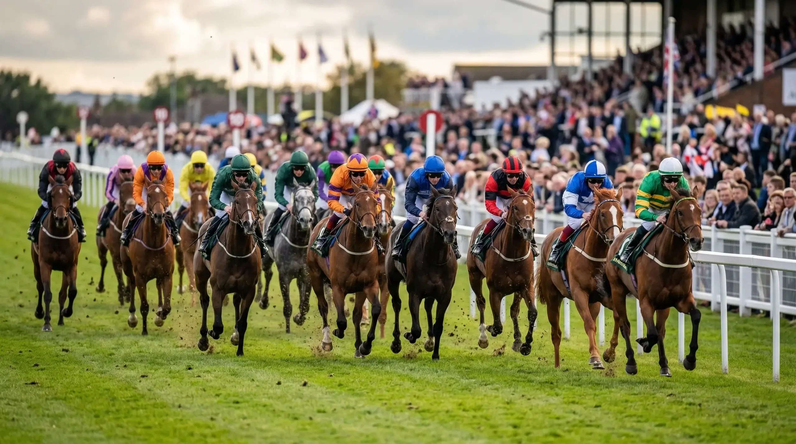 Thoroughbred horses sprinting in a large field handicap race finish