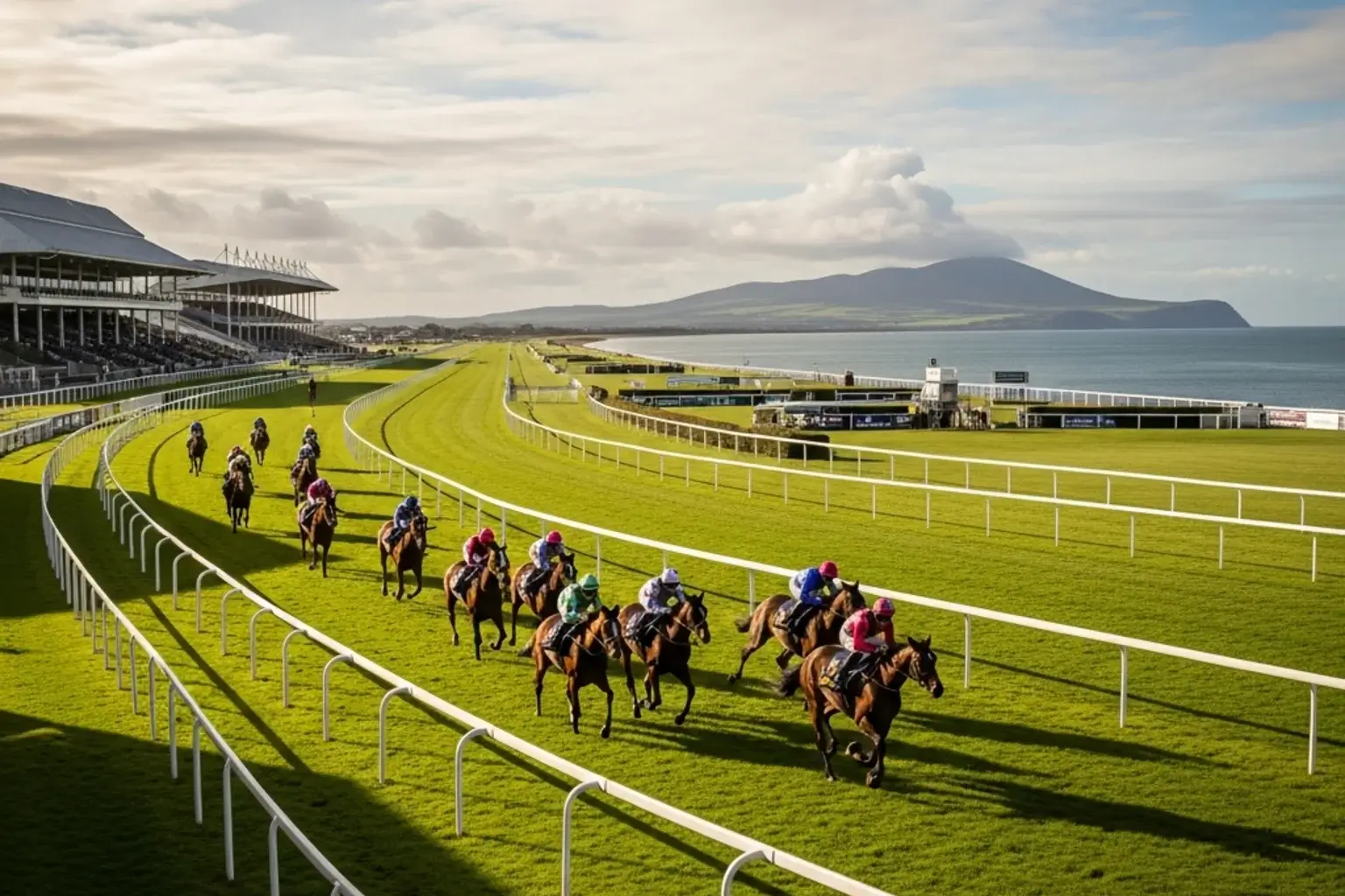 Ayr Racecourse panoramic view with horses racing on turf track