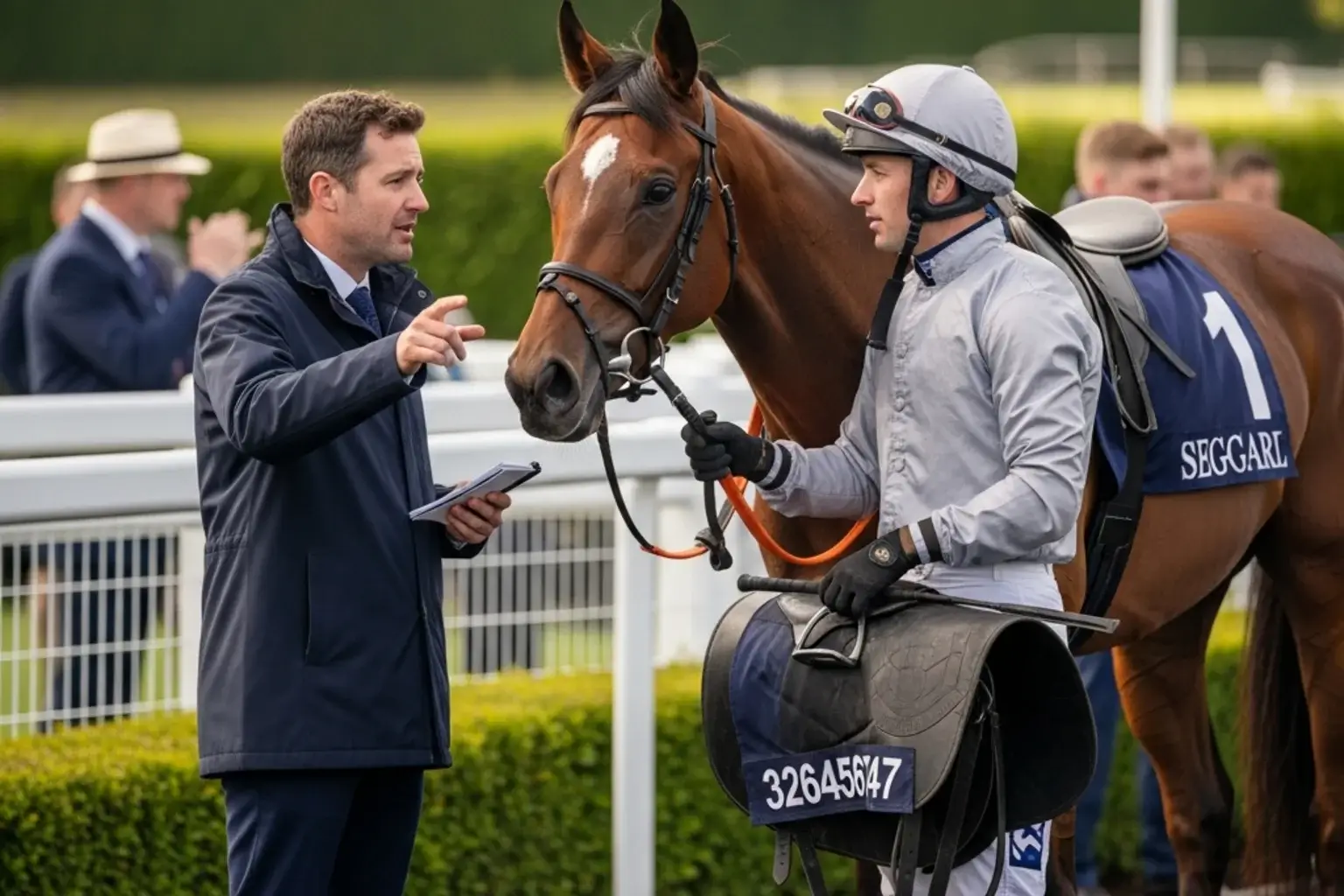 Trainer briefing jockey before a race at British racecourse paddock
