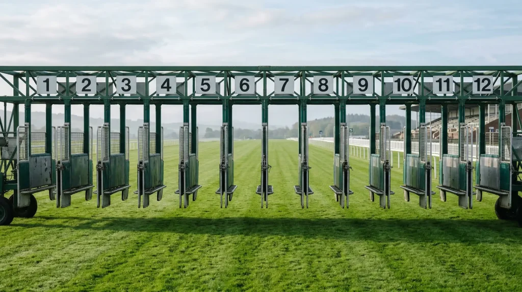 Starting stalls at Ayr 5f sprint course showing low draw advantage