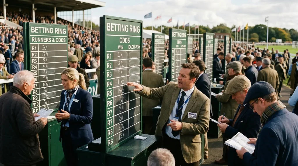 Bookmaker odds boards at Ayr Racecourse betting ring