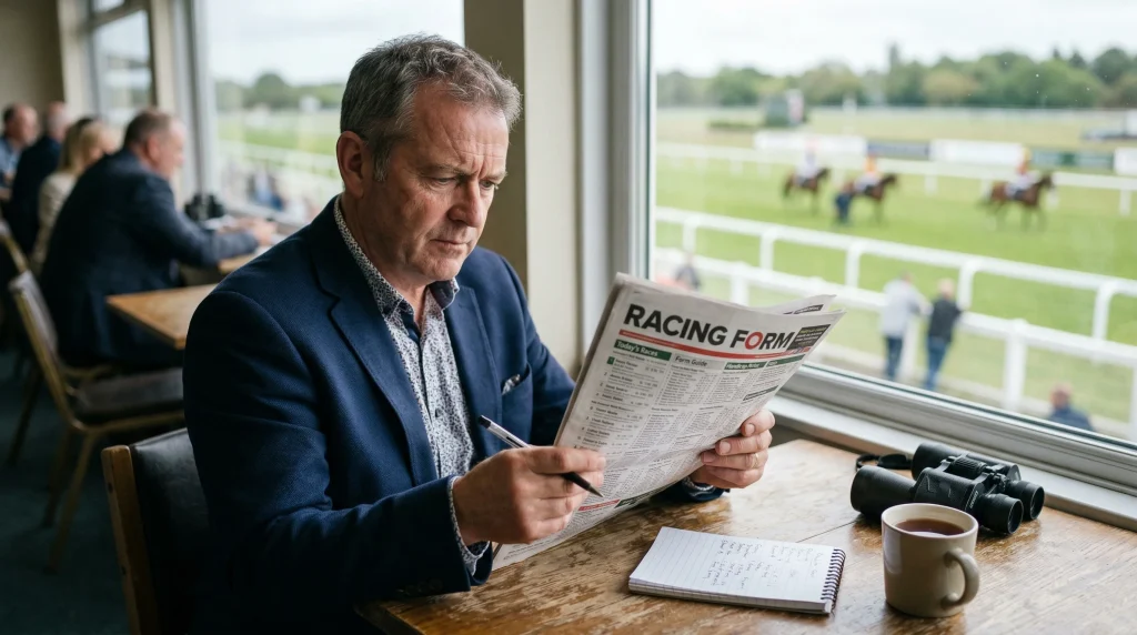 Punter studying racing form with betting slip at Ayr Racecourse
