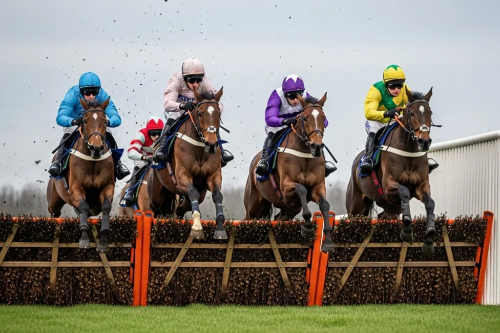 Horses clearing hurdles during Scottish Champion Hurdle at Ayr