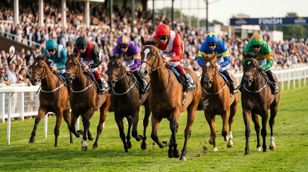 Ayr Gold Cup sprint finish with horses racing towards the line at Ayr Racecourse