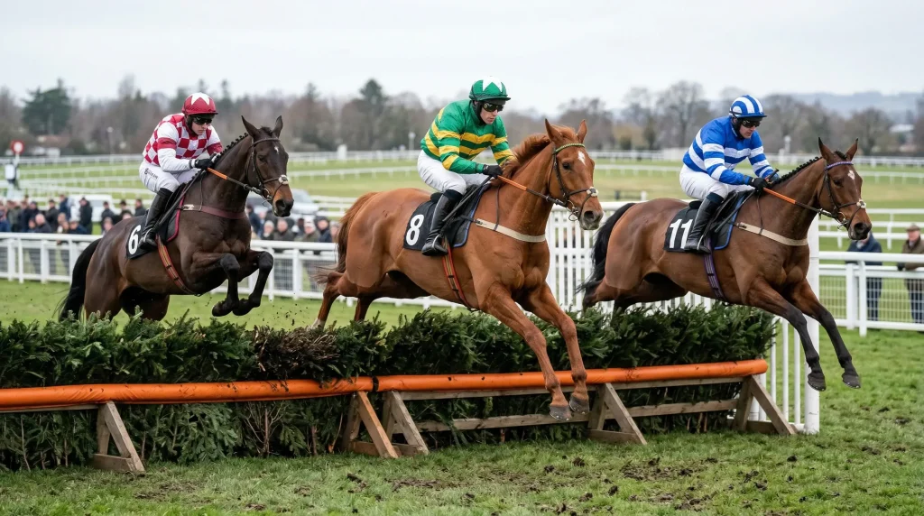 Horses jumping fences during National Hunt race at Ayr Racecourse