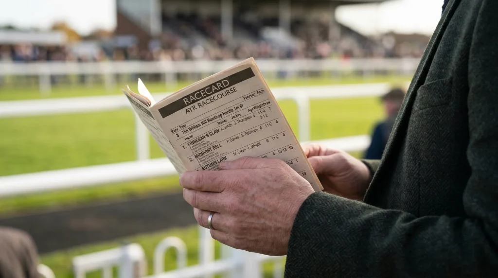 Horse racing racecard with form figures and symbols at Ayr Racecourse