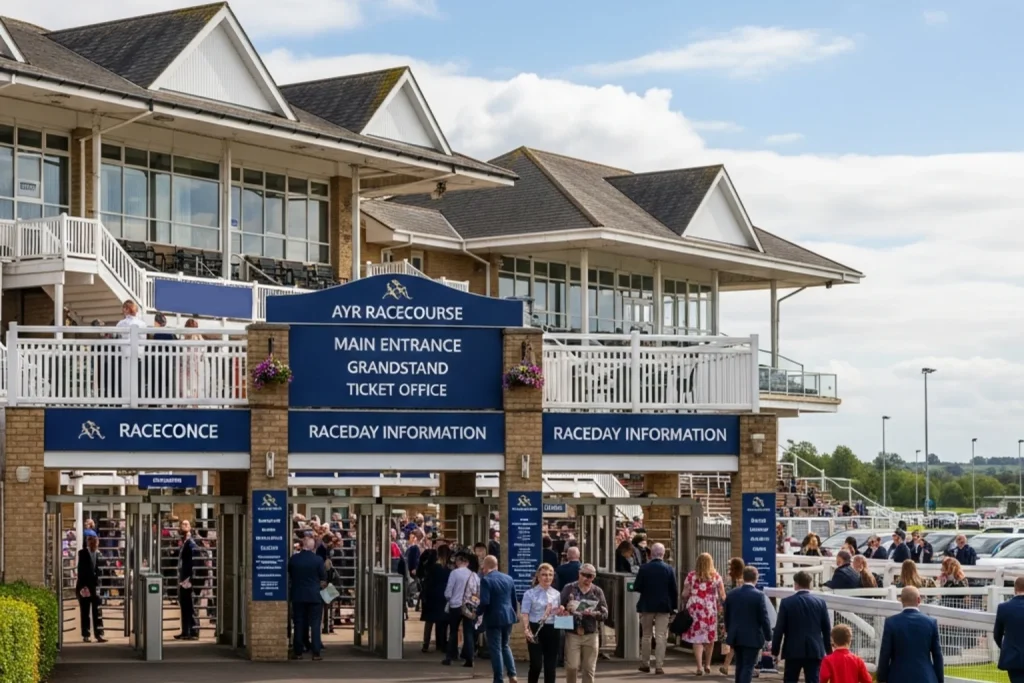 Ayr Racecourse main entrance and grandstand on race day