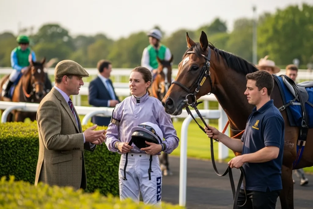 Trainer and jockey in discussion at Ayr Racecourse paddock before a race