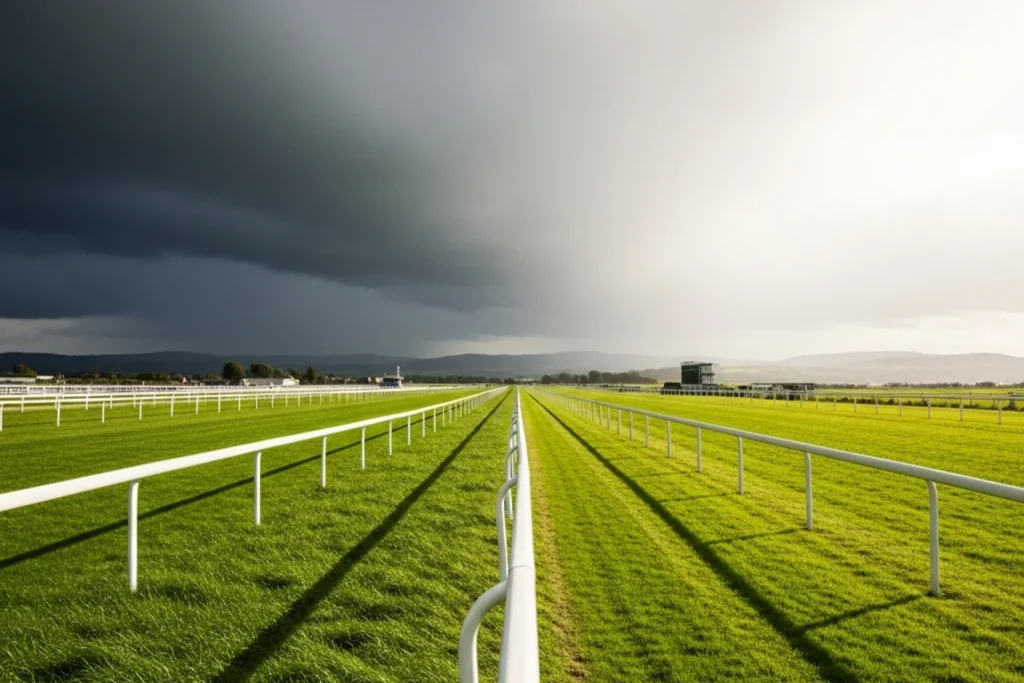 Ayr Racecourse under dramatic Scottish sky with weather conditions
