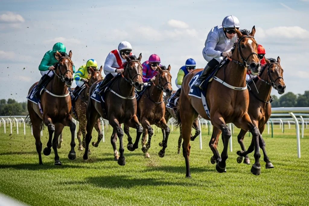 Thoroughbred horses sprinting on Ayr Racecourse straight course