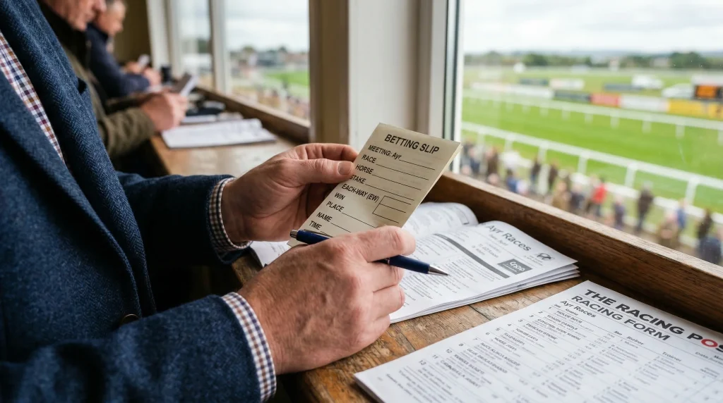 Each-way betting slip with place terms for Ayr races