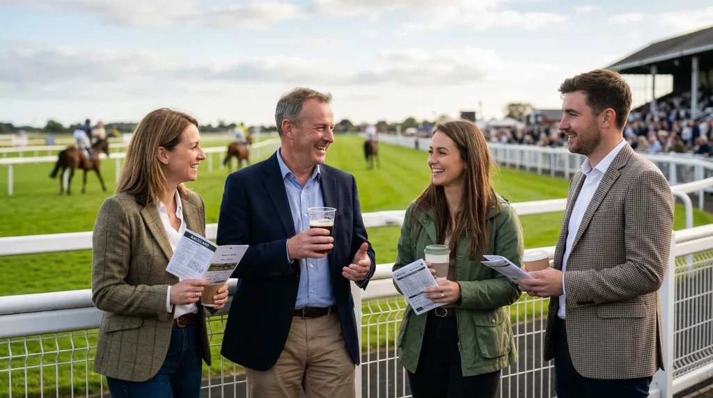 Relaxed spectators enjoying horse racing at British racecourse