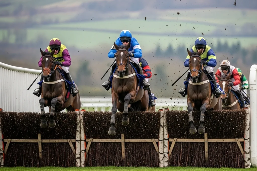 Scottish Grand National horses jumping a fence at Ayr Racecourse during the chase