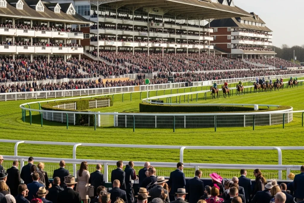 British racecourse grandstand with crowd watching horse racing